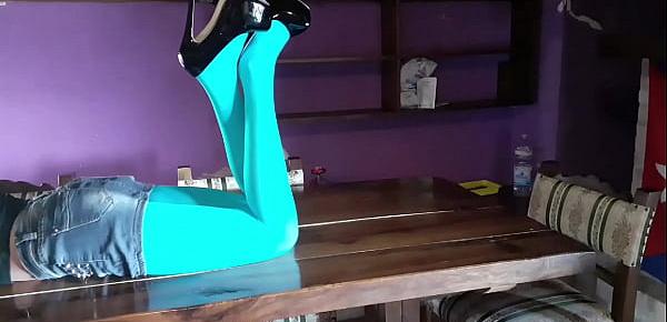  Laura on Heels amateur 2021 wearing sexy pantyhose and high heels on a table